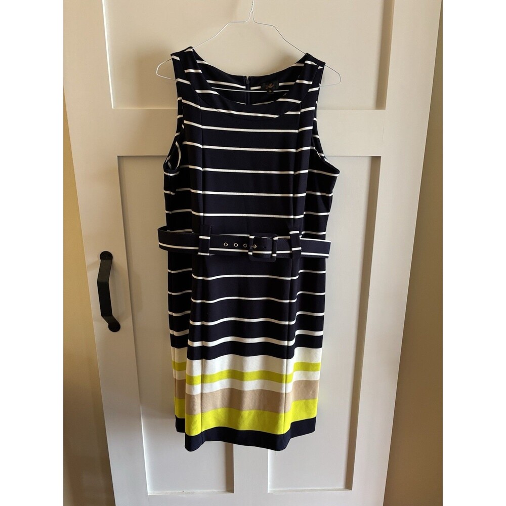 ILE New York Navy Striped Belted Midi Dress Women’s Size 16 Colorblock Nautical